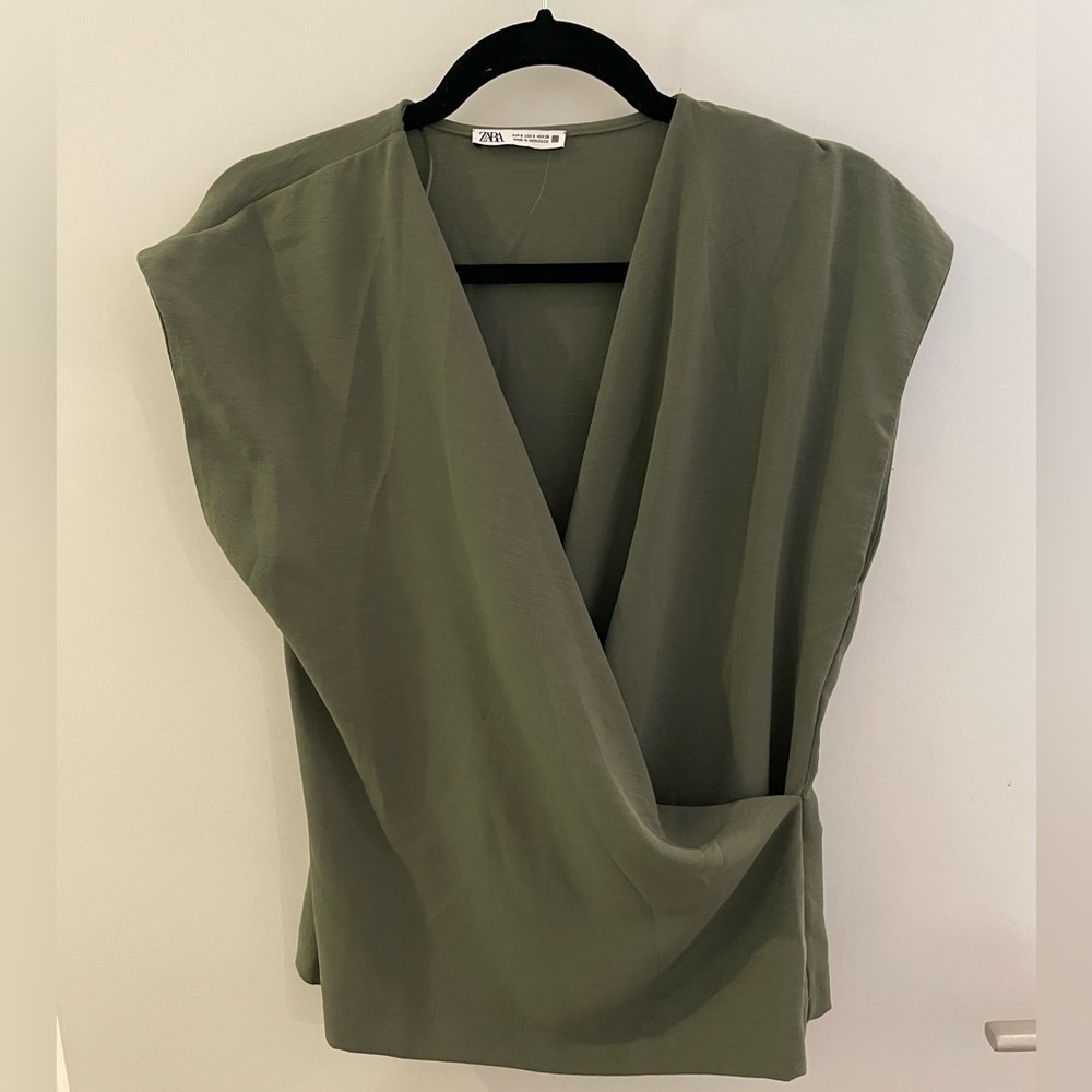Zara Green Sleeveless Asymmetrical Wrap Blouse